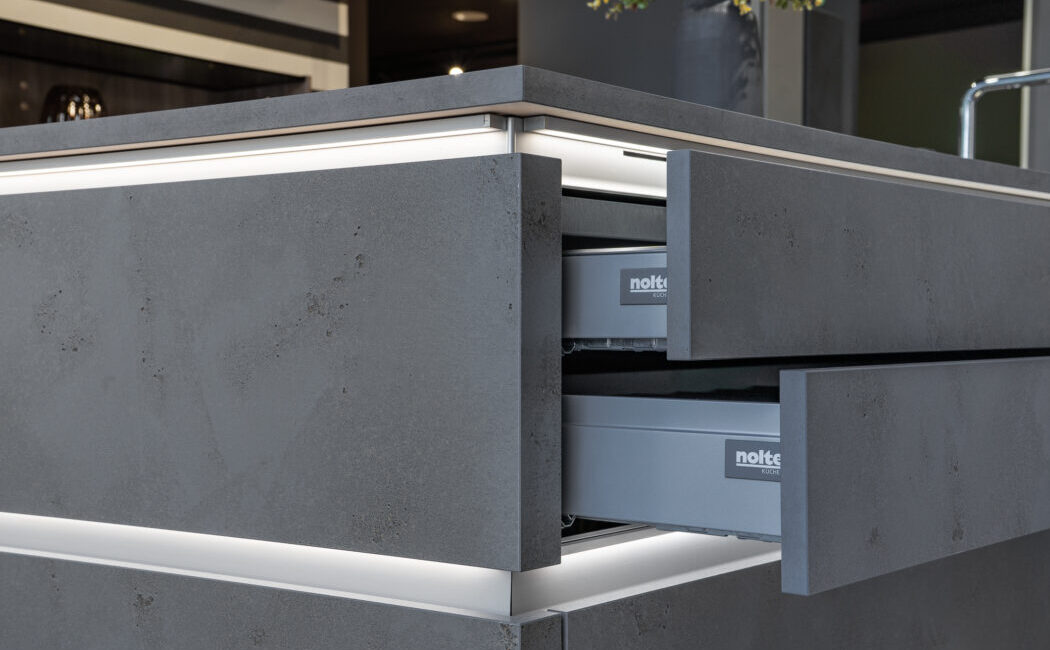 Close up of our nolte drawers from our kitchen showroom in Wilmslow